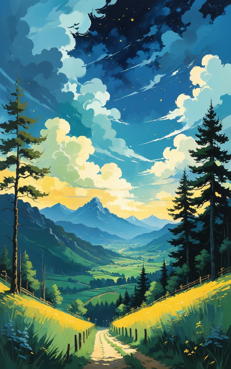 04925-3169404311-Magischer Wald mit vielen Nadelbäumen im Stil von van Gogh in der Nacht und darüber ein Himmel voll sterne im Hintergrund Berge.png